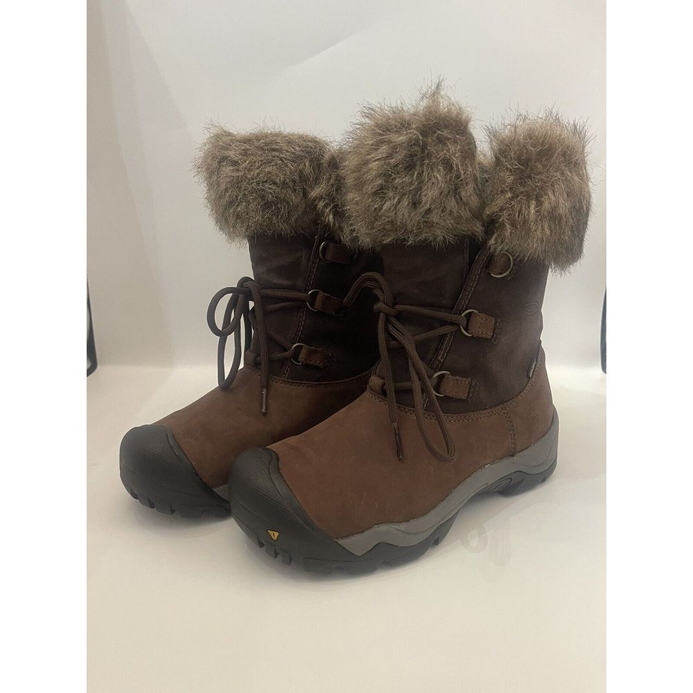 Womens Keen Helena‎ Brown Leather Faux Fur Waterproof Winter Boots Sz 6.5 EUC